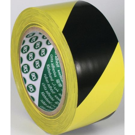 Grondmarkeringstape F33 PVC zwart/geel lengte 33 m breedte 50 mm wiel IKS | IP.4000353213