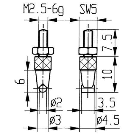 Meetinzetstuk d. 2 mm horizontale cilinder M2,5 staal passend voor meetklokken KÄFER | IP.4000851634